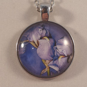 Silver Purple Iris Flower Glass Cabochon Necklace!
